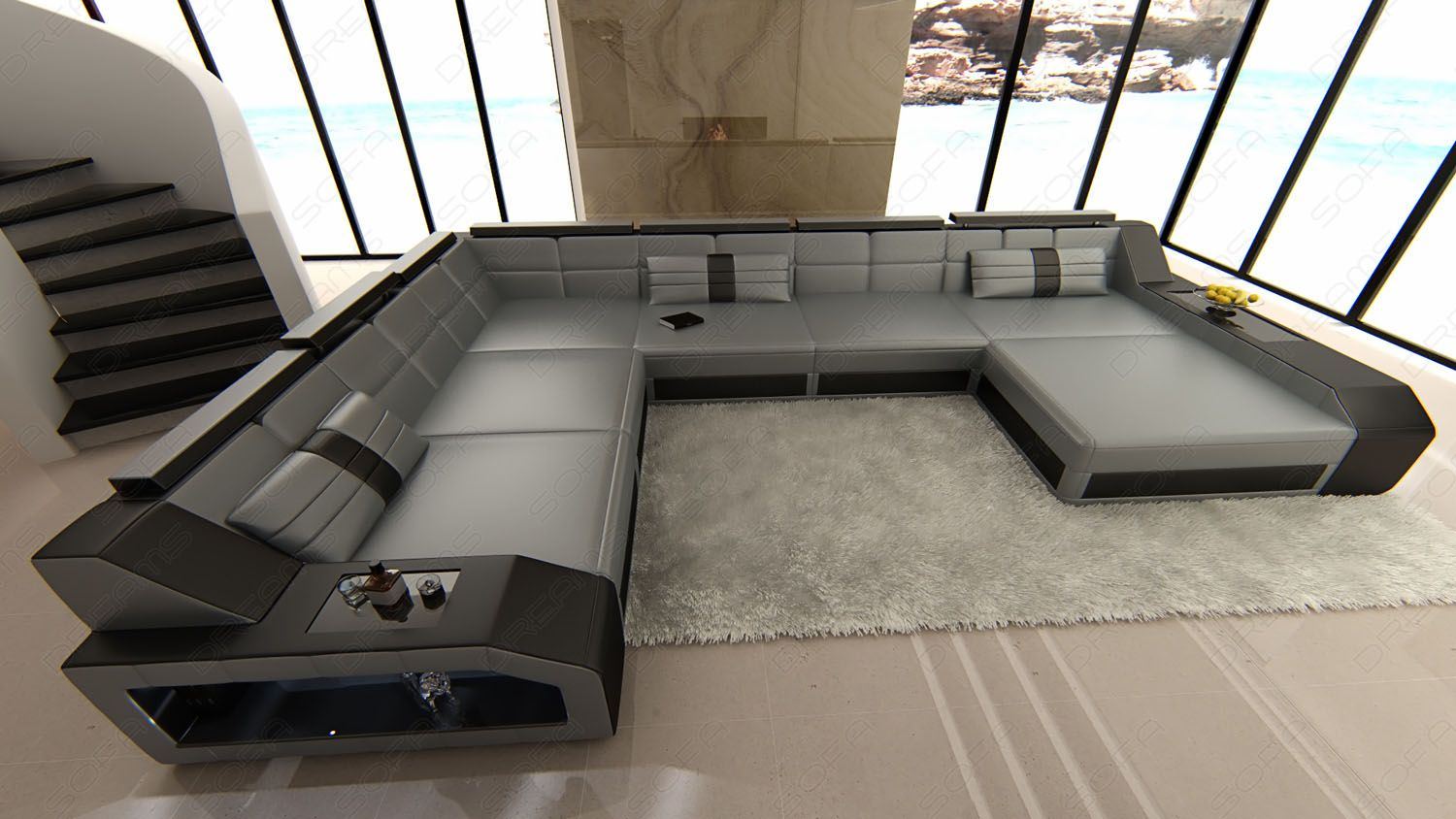 Designer Sofa Echtleder Matera XXL LED grau-schwarz