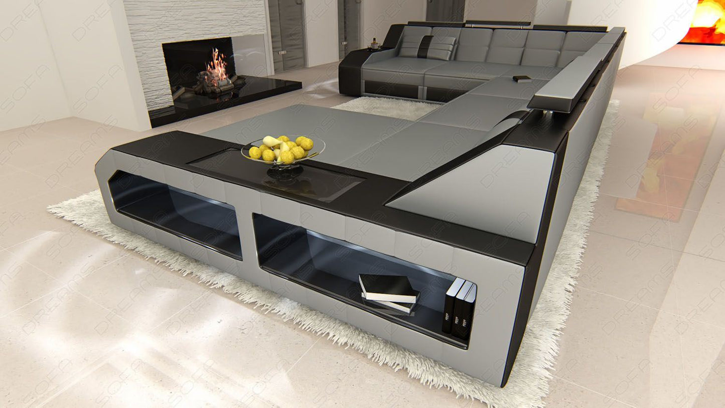 Designer Wohnlandschaft Echtleder Matera XXL LED grau-schwarz