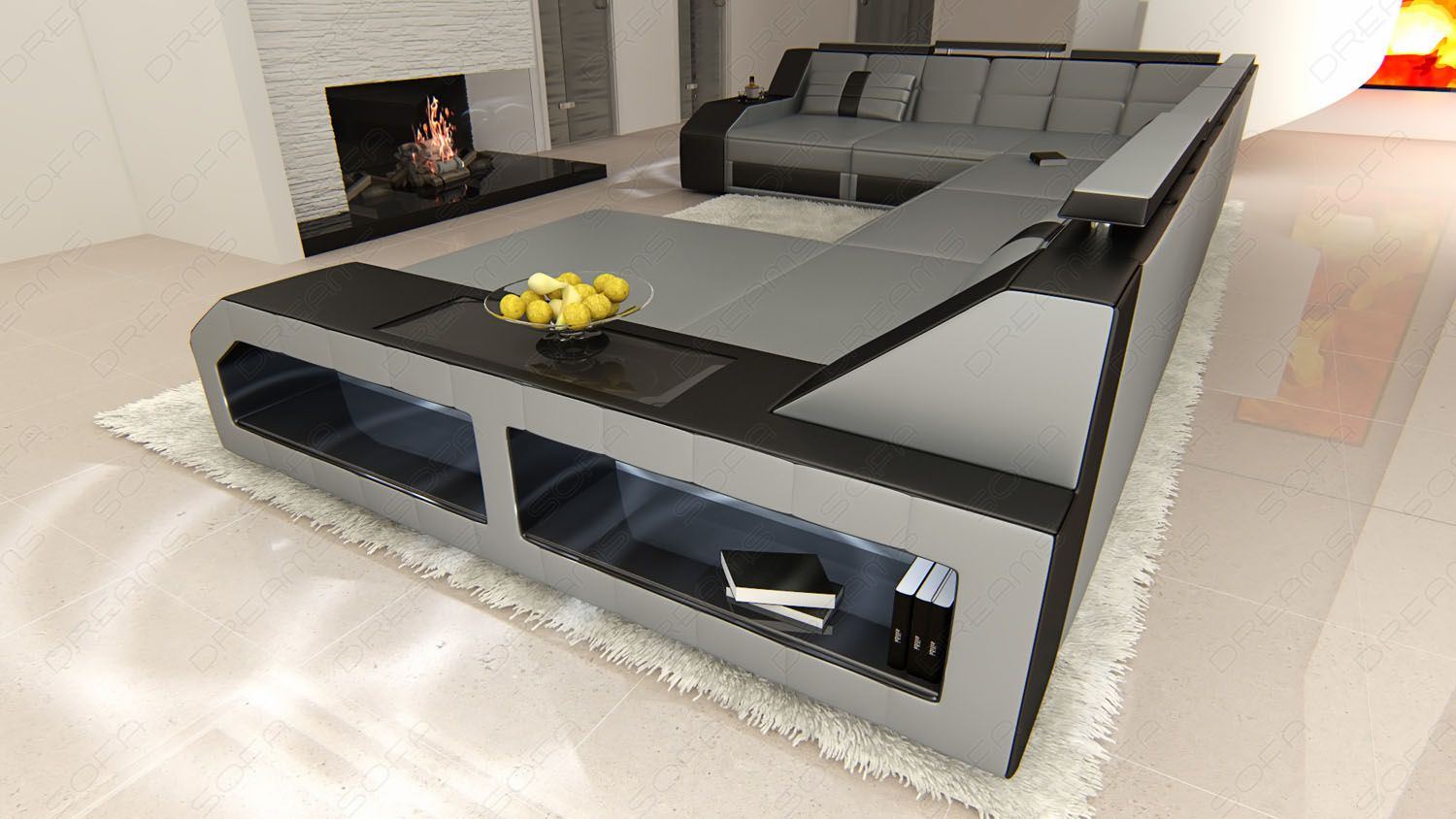 Designer Wohnlandschaft Echtleder Matera XXL LED grau-schwarz