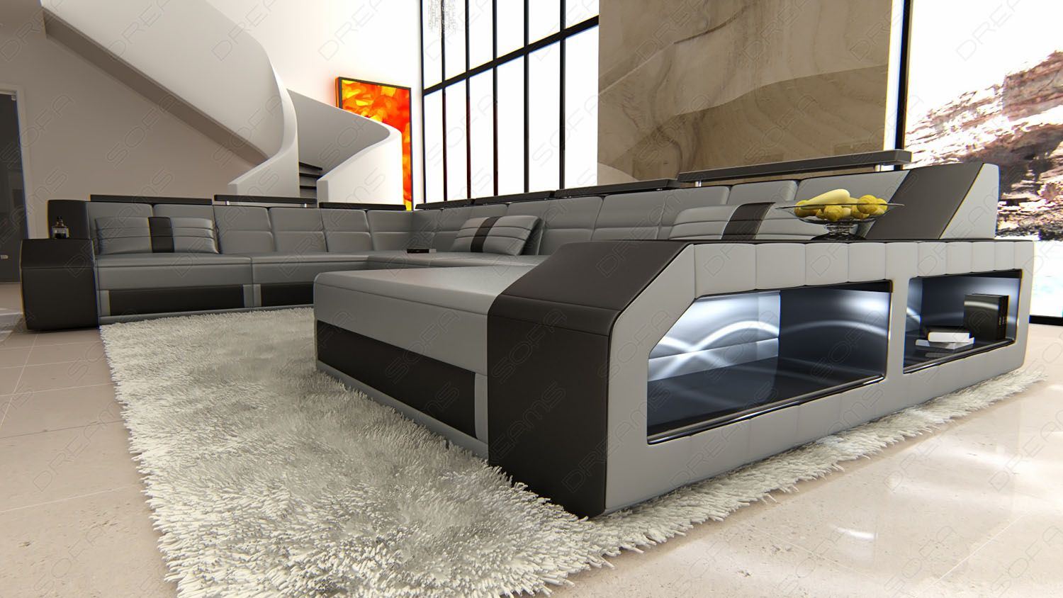 Leder Wohnlandschaft Matera XXL LED grau-schwarz