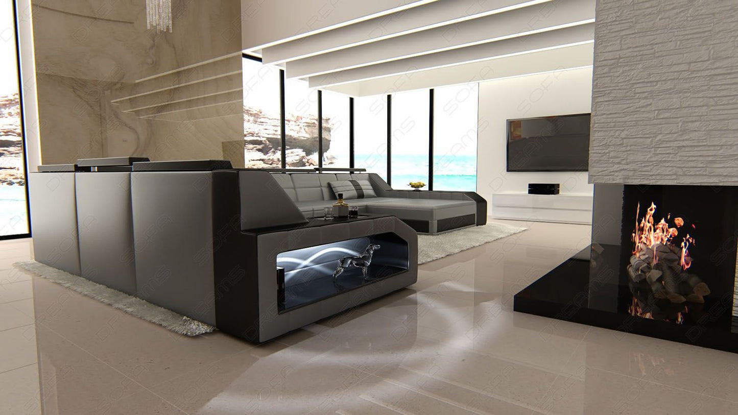 Ledersofa U Form Matera XXL LED grau-schwarz