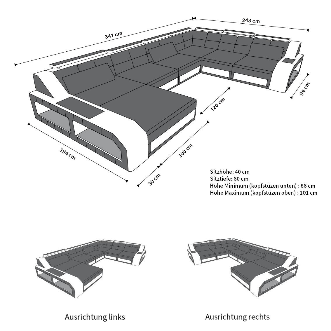 Die Maße vom XXL Stoffsofa Matera Mini U Form Sofa mit Licht