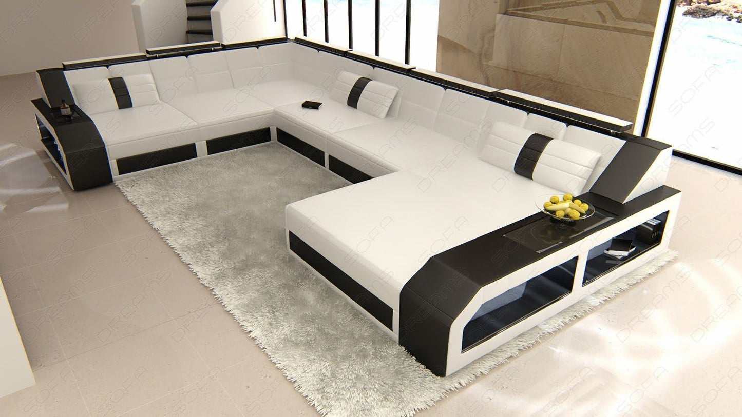 U Form XXL Ledersofa Matera Mini in weiss-schwarz