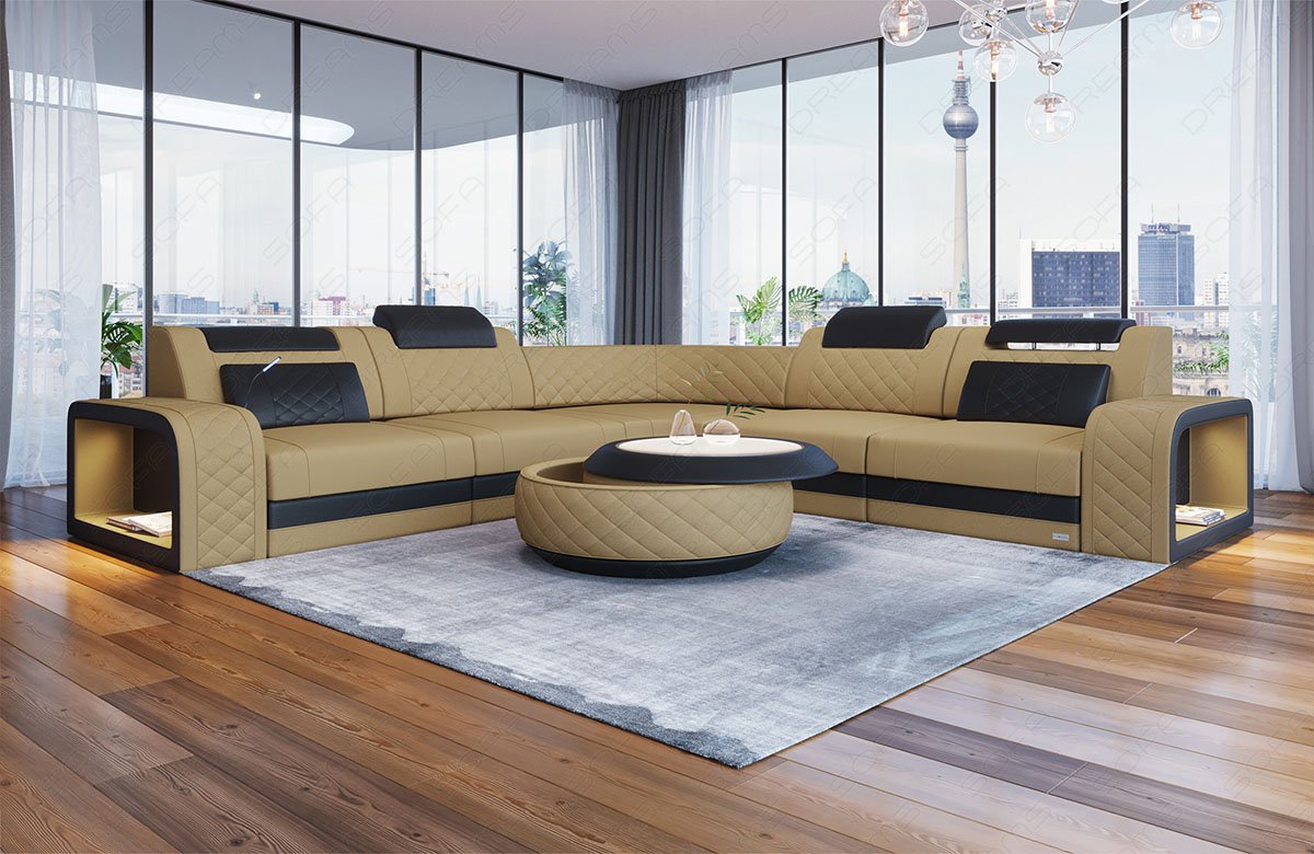 Stoff Ecksofa Foggia in beige - Mineva4 - Akzentfarbe schwarz