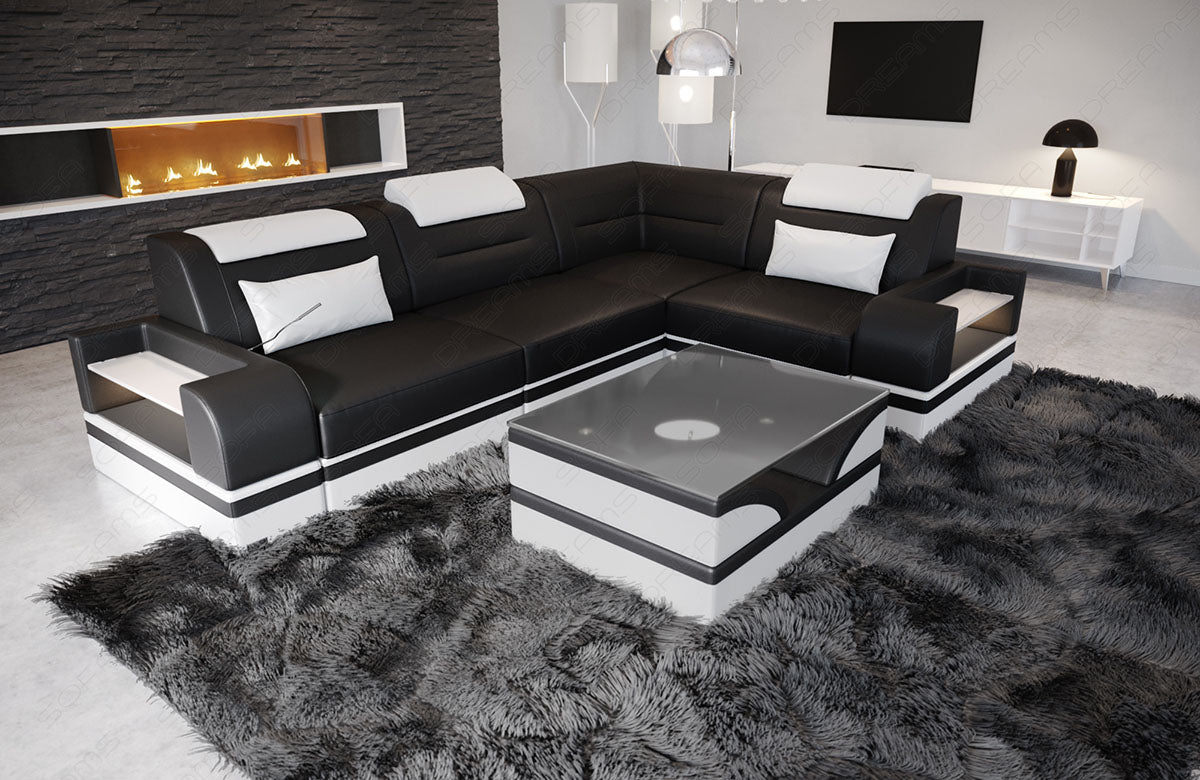 Leder Ecksofa Trivento L Form kurz in schwarz-weiß mit LED-Beleuchtung