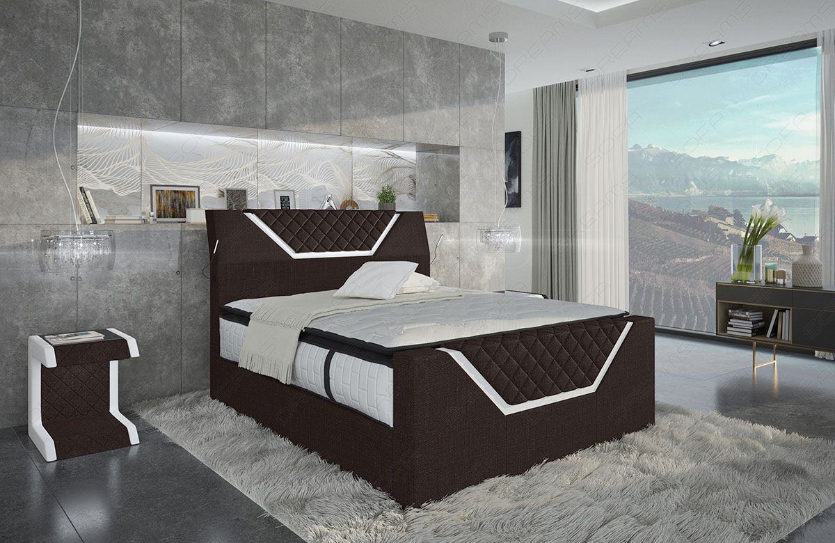 Stoff Boxspringbett Nantes mit LED Beleuchtung in Strukturstoff Hugo 10 - dunkelbraun