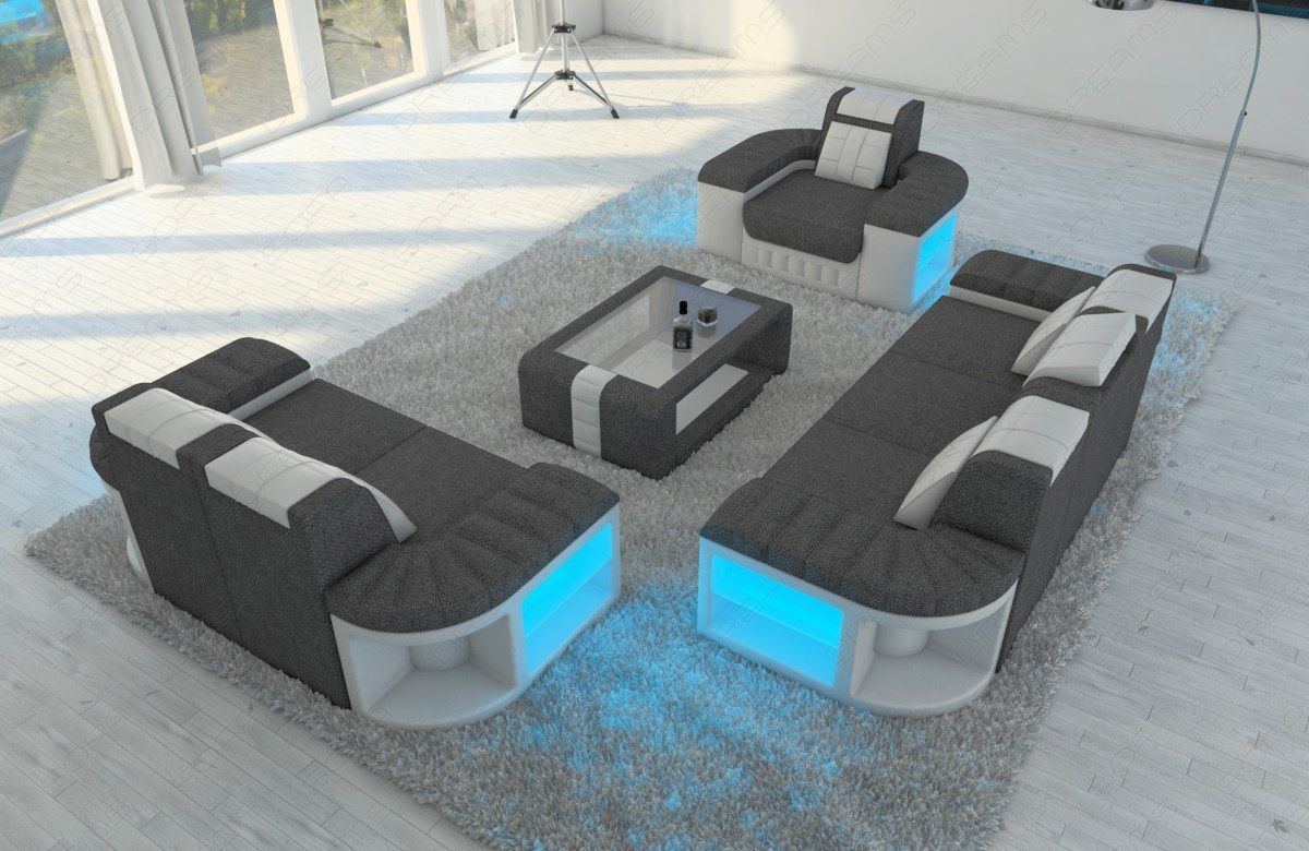 Stoff Sofa Garnitur Bellagio 321 LED Strukturstoff in grau - Hugo5