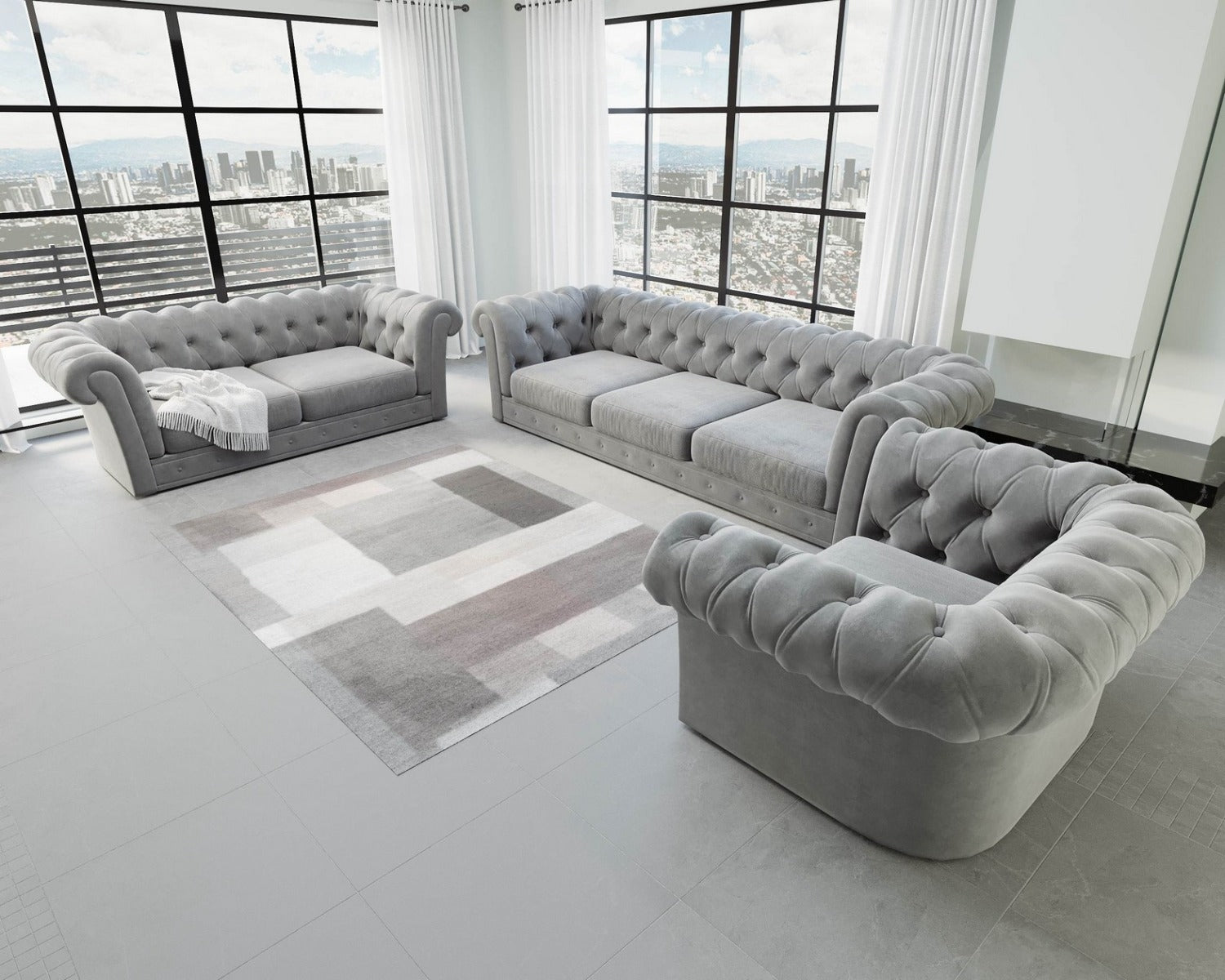 Designer Sofa Garnitur Vicenza 3-2-1 mit Samtstoff Bezug in Hellgrau