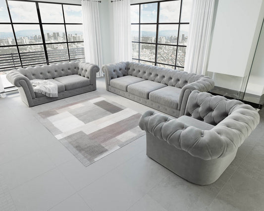 Designer Sofa Garnitur Vicenza 3-2-1 mit Samtstoff Bezug in Hellgrau