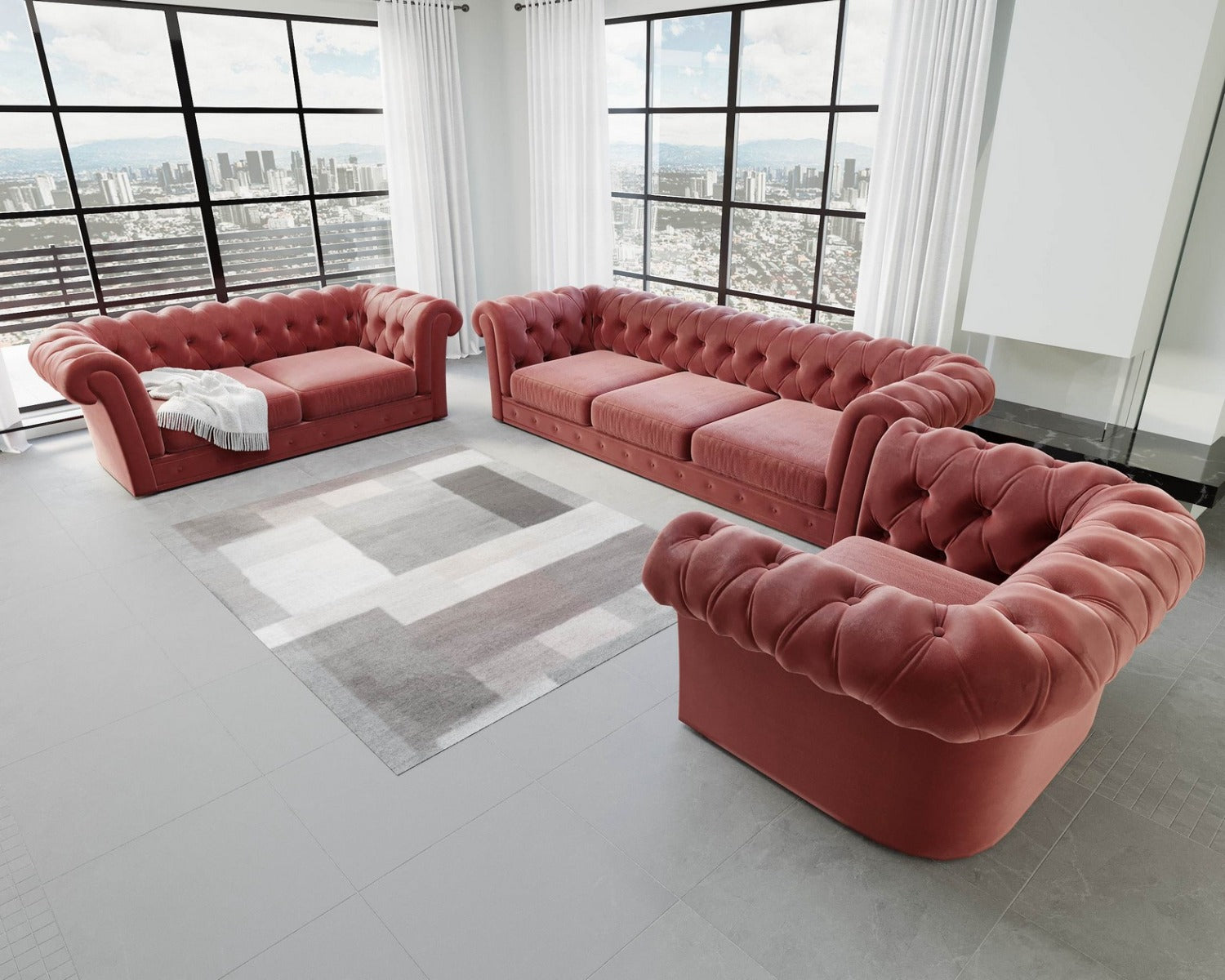 Designer Sofa Garnitur Vicenza 3-2-1 mit Samtstoff Bezug in Rot