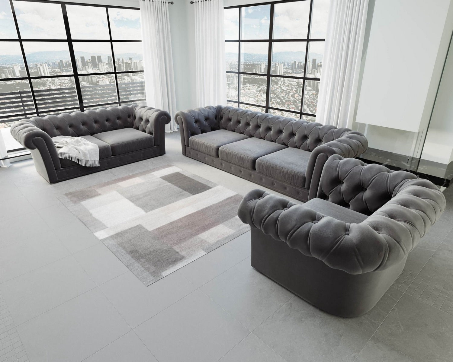 Designer Sofa Garnitur Vicenza 3-2-1 mit Samtstoff Bezug in Schwarz