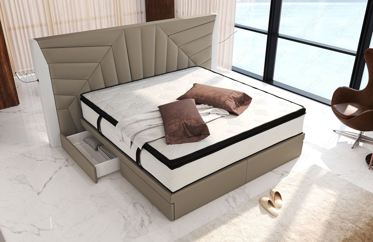 Boxspringbett Monaco mit Stoffbezug inklusive LED Beleuchtung und Schubladen in taupe - Mineva21 - Nebenfarbe weiß