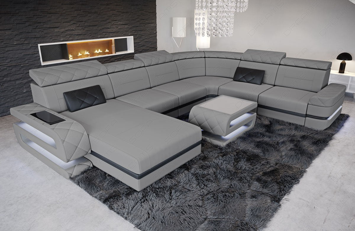 XXL Stoffsofa Bologna Mini U Form Sofa mit LED in hellgrau - Mineva12 Akzentfarbe schwarz