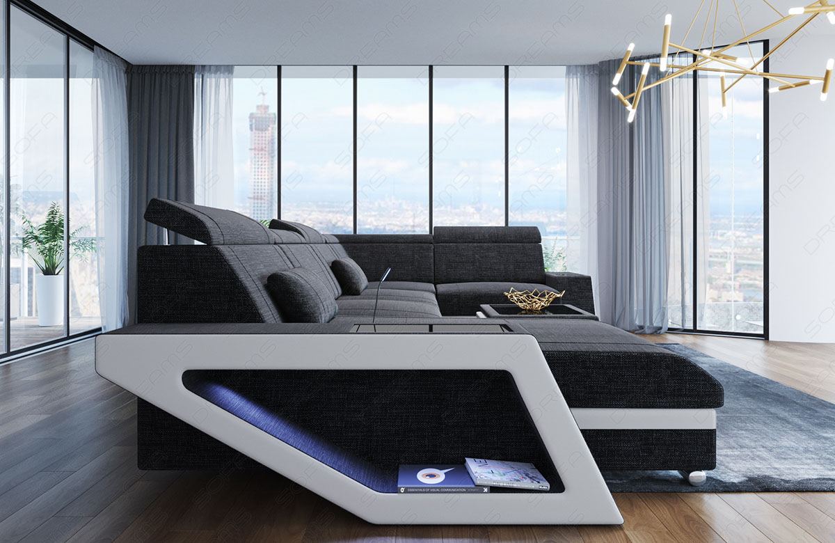Mini U Form Stoffsofa Catania - Sofa mit USB und LED Licht - in schwarz-grau - Hugo12 Strukturstoff