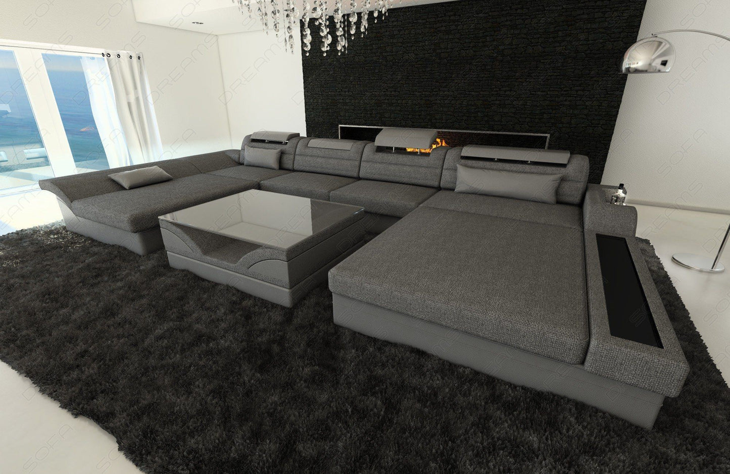 U Form Mini Sofa Monza mit LED und Stoffbezug in grau - Hugo5 Strukturstoff