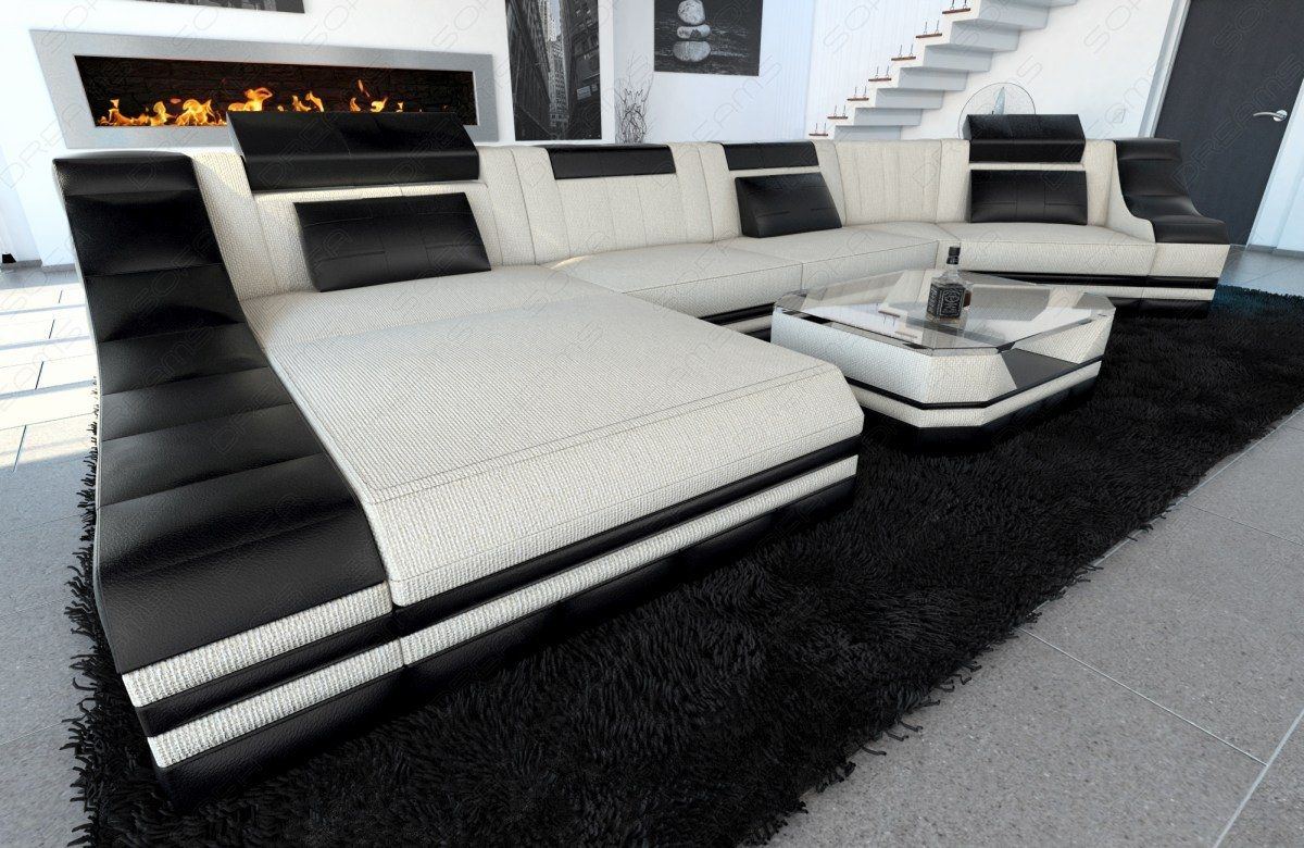 Design Polster Wohnlandschaft Turino C Form in elfenbein - Hugo1 Strukturstoff