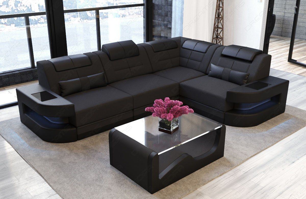 Design Sofa Mikrofaser Como L Form LED-Beleuchtung in schwarz - Mineva14