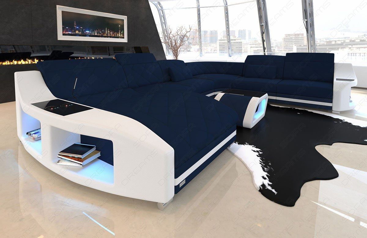XXL Stoffsofa Swing Mini U Form Sofa mit LED und Ottomane in dunkelblau - Mineva17