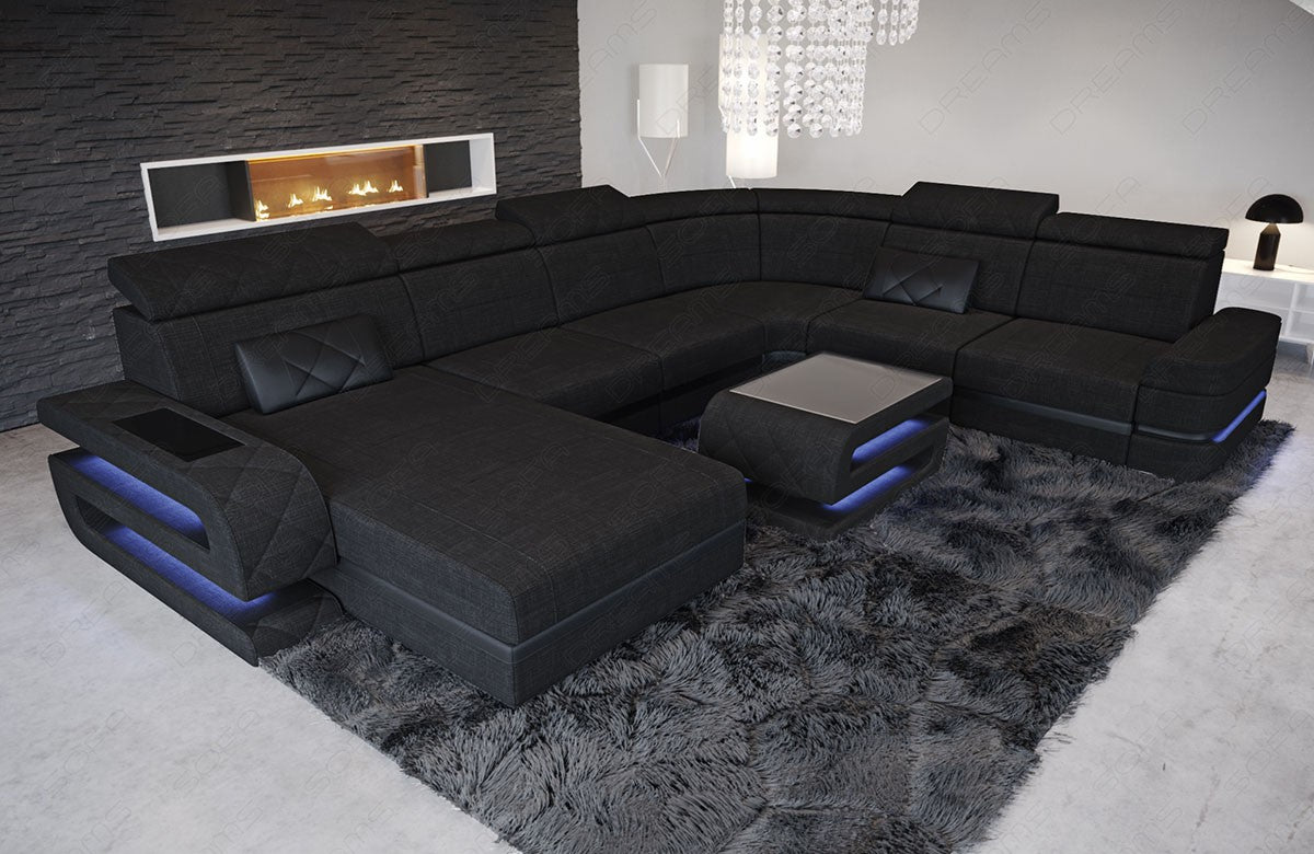 XXL Stoffsofa Bologna Mini U Form Sofa mit LED in schwarz - Hugo14 Akzentfarbe schwarz