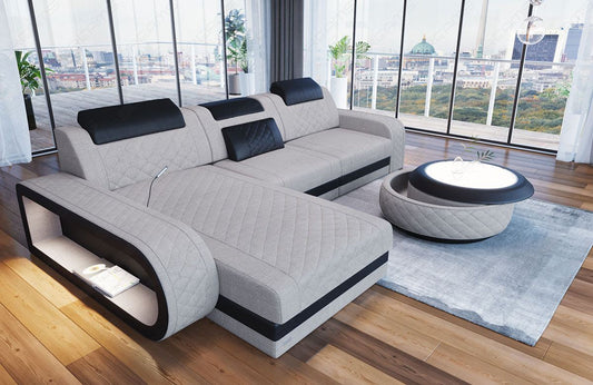 Polster Ecksofa Berlin L Form mit LED-Beleuchtung in macchiato - Hugo2 Strukturstoff