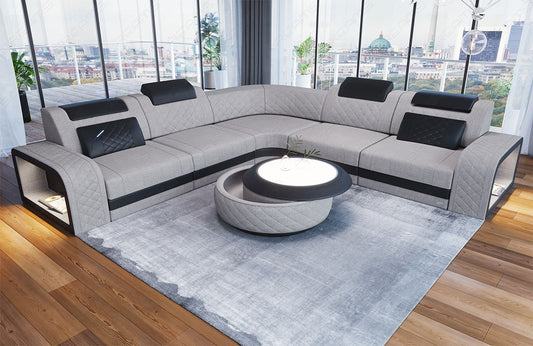Polster Ecksofa Foggia L Form in macchiato - Hugo2 - Akzentfarbe schwarz Strukturstoff