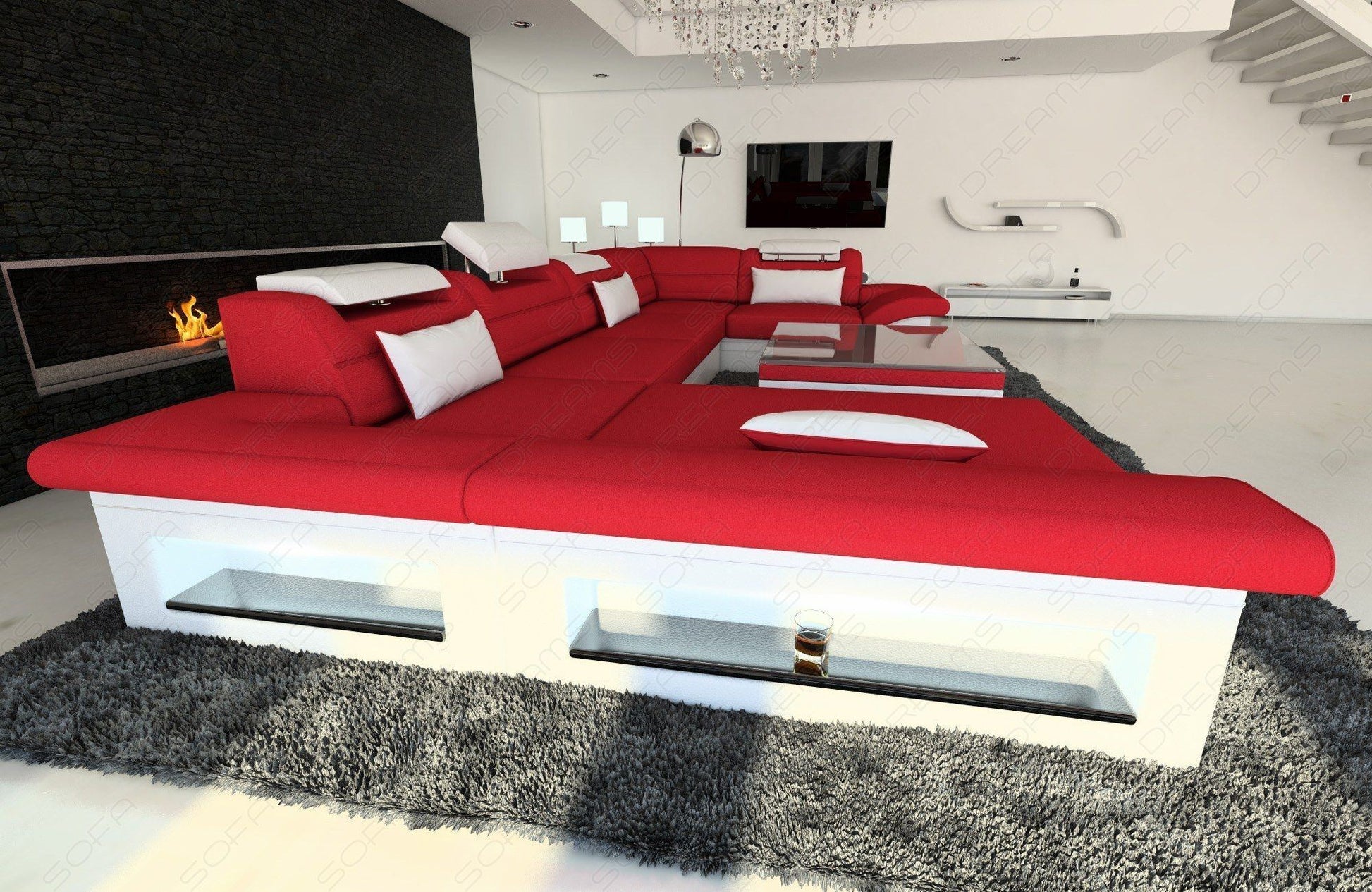 Stoffcouch Enzo U Form in rot Mineva 20 - weiss