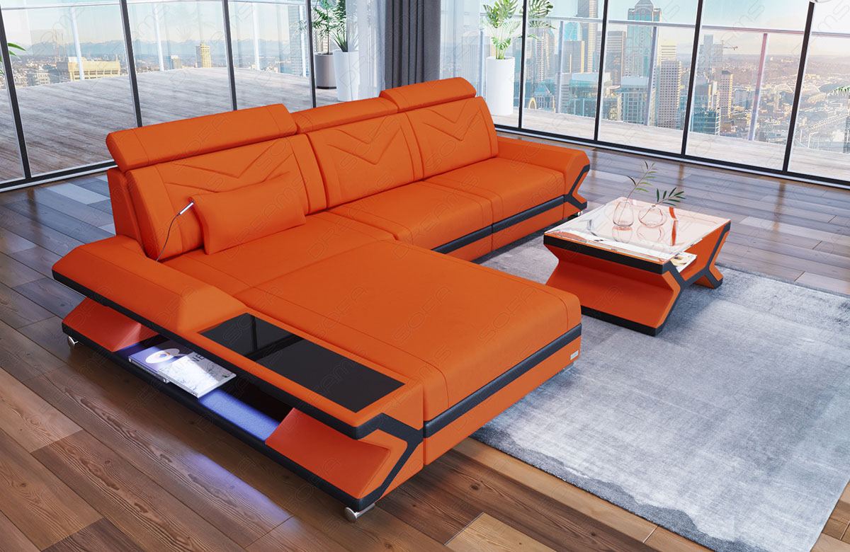 Stoffsofa Napoli - das Mini L Form Sofa mit LED und USB in orange - Mineva11