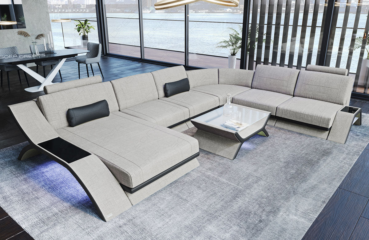 Design Stoff Wohnlandschaft Calabria XXL in elfenbein - Hugo1 Strukturstoff