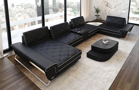 Leder Wohnlandschaft Ferrara U Form in schwarz-weiß