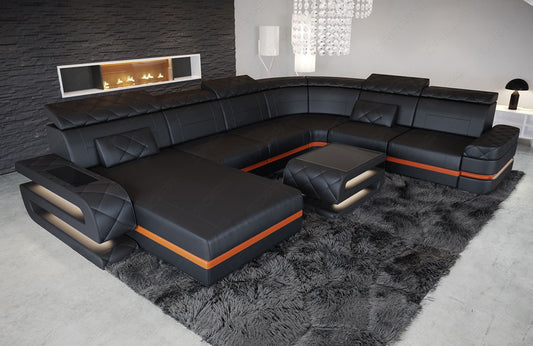 XXL Leder Wohnlandschaft Bologna mit LED Beleuchtung in schwarz-orange - Couchtisch optional erhältlich