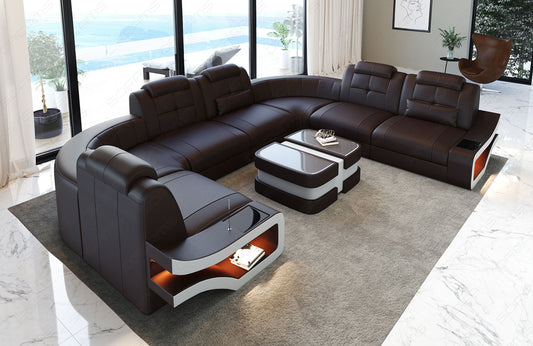Moderne Ledersofa Wohnlandschaft Elena U Form in dunkelbraun-weiß