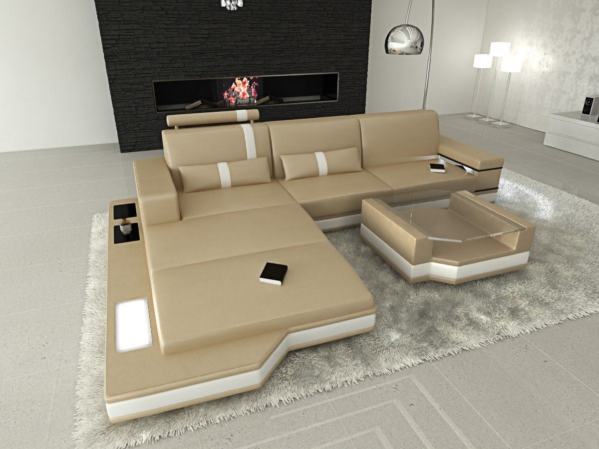Edel Ledersofa Messana in L Form in sandbeige-weiss
