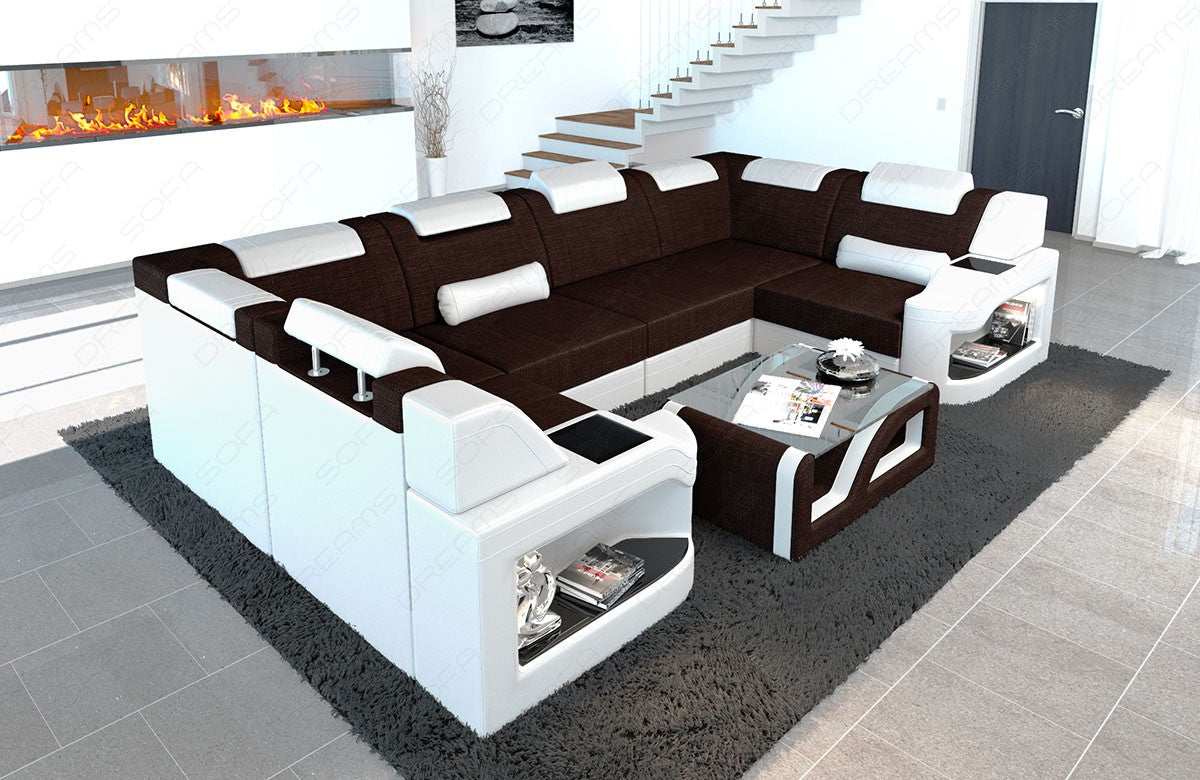 Polstersofa Padua U Form mit LED Beleuchtung in graubraun - Hugo16 Strukturstoff