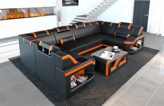 Leder Wohnlandschaft Padua U Form in schwarz-orange mit LED Beleuchtung
