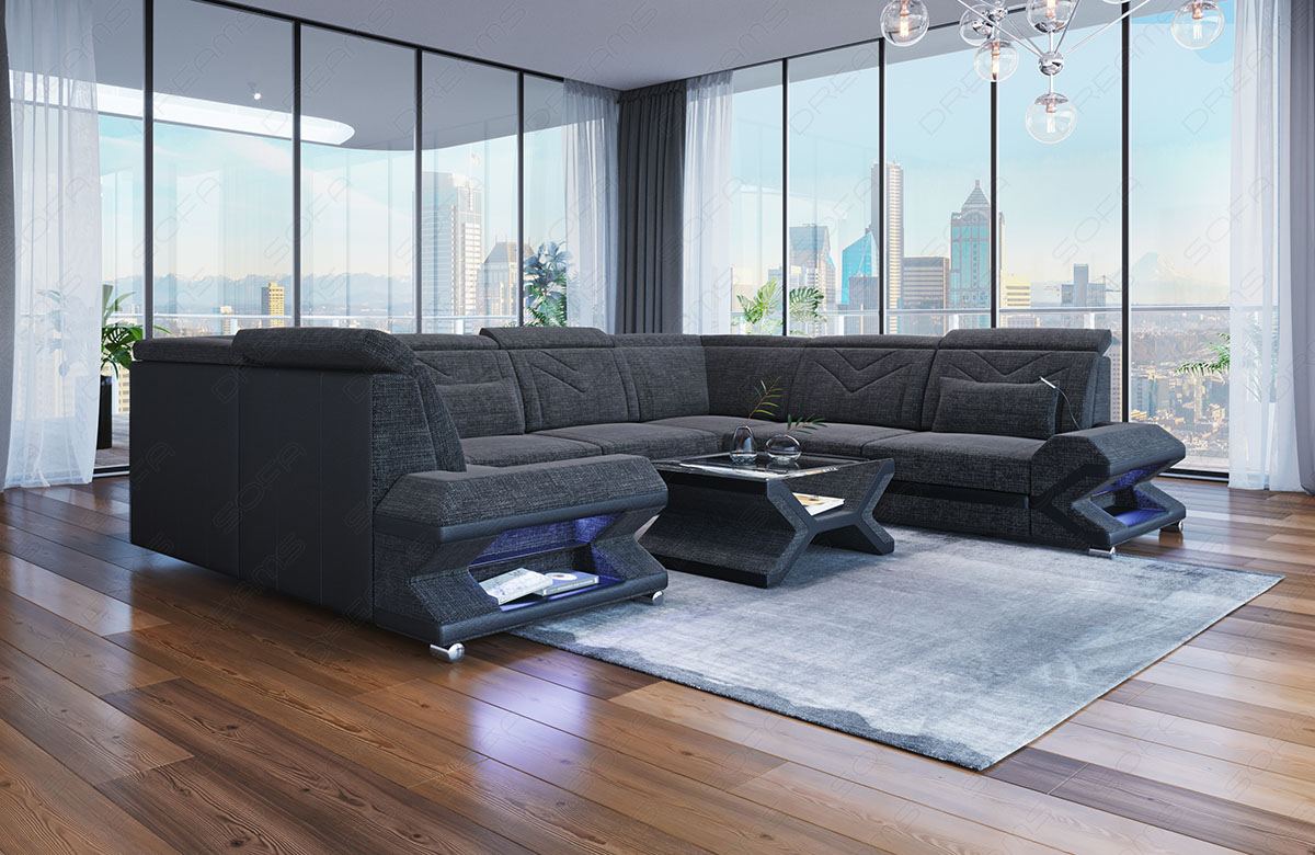Design Stoff Wohnlandschaft Sorrento U Form in schwarz-grau - Hugo12 Strukturstoff