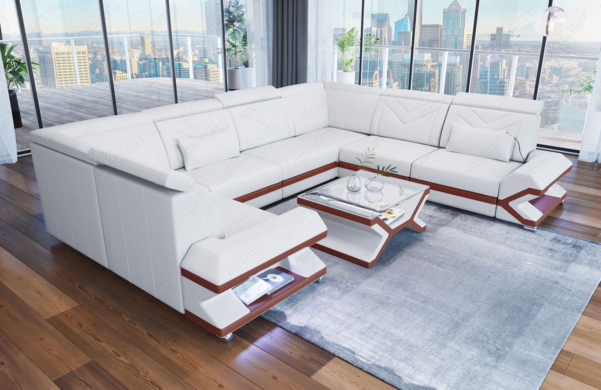 Wohnlandschaft Sorrento Leder in weiss - braun