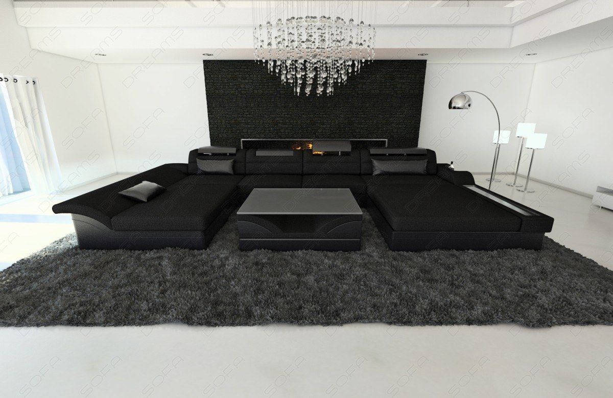 U Form Mini Sofa Monza mit LED und Stoffbezug in schwarz - Hugo14 Strukturstoff