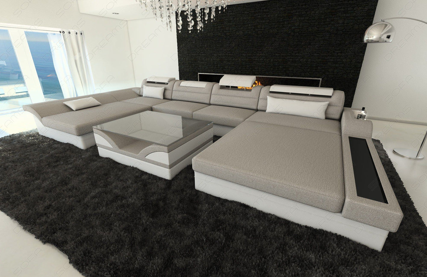 U Form Mini Sofa Monza mit LED und Stoffbezug in macchiato - Hugo2 Strukturstoff