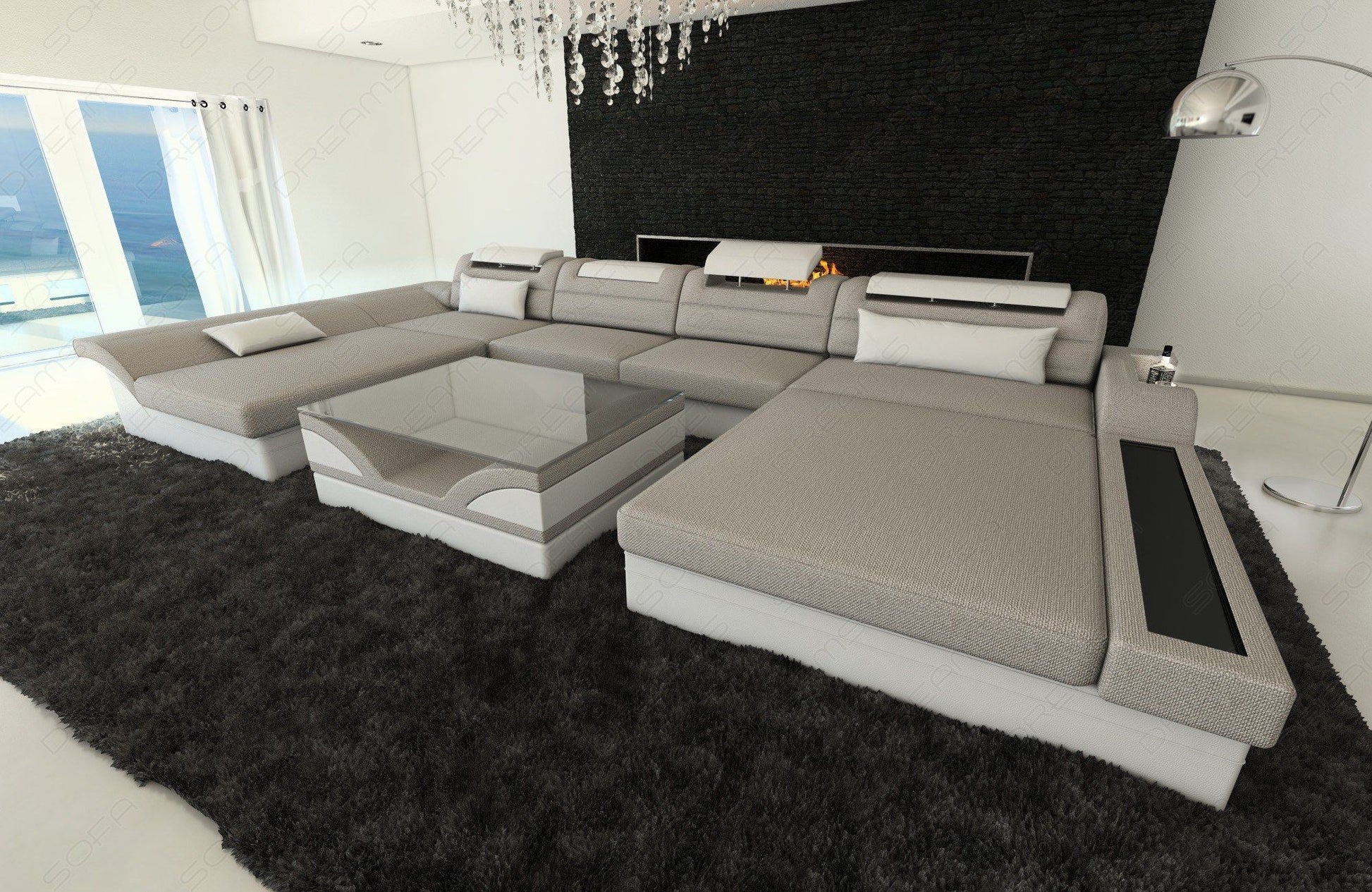 U Form Mini Sofa Monza mit LED und Stoffbezug in macchiato - Hugo2 Strukturstoff