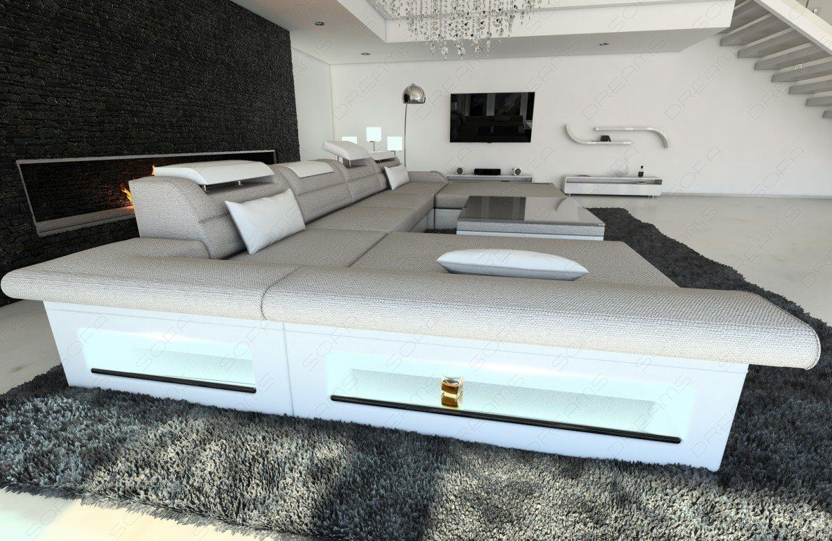 U Form Mini Sofa Monza mit LED und Stoffbezug in macchiato - Hugo2 Strukturstoff