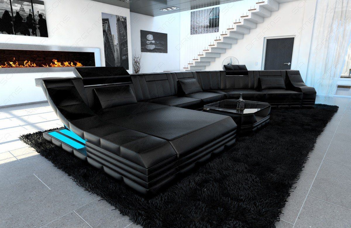 Luxus Echtleder-Wohnlandschaft in schwarz in schwarz-schwarz